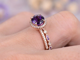 2ct Round Cut Purple Amethyst Engagement Ring Bridal Set Halo 14k Rose Gold Over