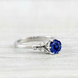 0.65ct Round Cut Blue Sapphire Floral Leaf Inspired Ring 14k White Gold Finish