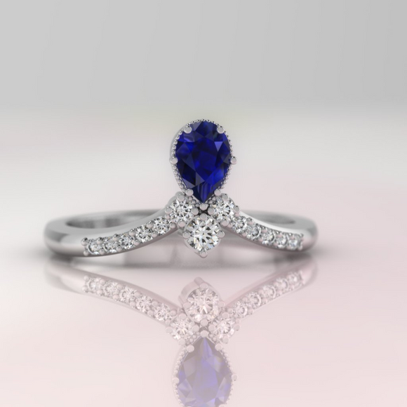 1ct Pear Cut Blue Sapphire Engagement Ring 14k White Gold Finish Vintage Style