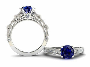 1.5ct Round Blue Sapphire Engagement Ring Vintage Filigree 14k White Gold Finish