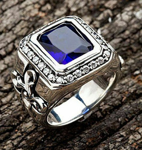 4ct Emerald Cut Blue Sapphire Diamond Men Engagement Ring 14k White Gold Over