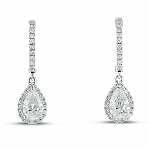 2.3ct Drop Earrings Pear Cut Diamond Halo Vertical Bar 14k White Gold Finish