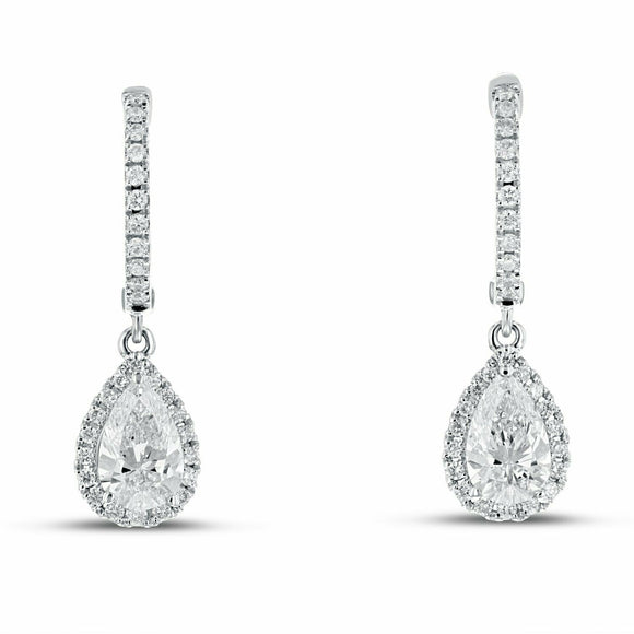 2.3ct Drop Earrings Pear Cut Diamond Halo Vertical Bar 14k White Gold Finish