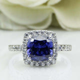 2.4ct Cushion Cut Blue Sapphire Engagement Ring Diamond Halo 14k White Gold Over