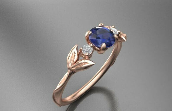 1ct Round Blue Sapphire Engagement Ring Trilogy Leaf Solitaire 14k RoseGold Over