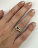 2ct Round Cut Blue Sapphire Engagement Ring Leaf Design Halo 14k YellowGold Over