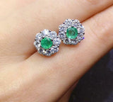 2ct Stud Earrings Round Cut Emerald Diamond Floral Design 14k White Gold Finish