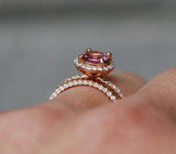 2ct Engagement Ring Round Cut Pink Sapphire Bridal Set Halo 14k Rose Gold Finish