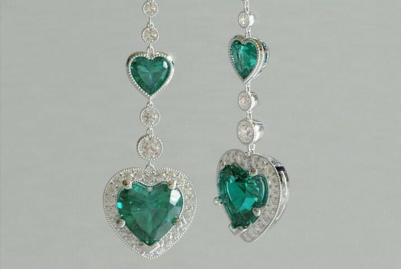 2ct Heart Cut Green Emerald Diamond Halo Drop Earrings 14k White Gold Finish