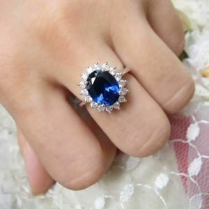 3Ct Oval Cut Blue Sapphire Diamond Diana Engagement Ring 14K White Gold Finish