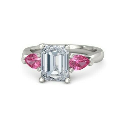 4Ct Emerald Cut Diamond Pink Sapphire Accents Trilogy Ring 14K White Gold Finish