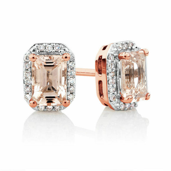 0.75ct Emerald Cut Peach Morganite Halo Stud Women Earrings 14k Rose Gold Finish