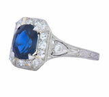 2.8ct Oval Cut Blue Sapphire Engagement Ring Halo Art Deco 14k White Gold Finish