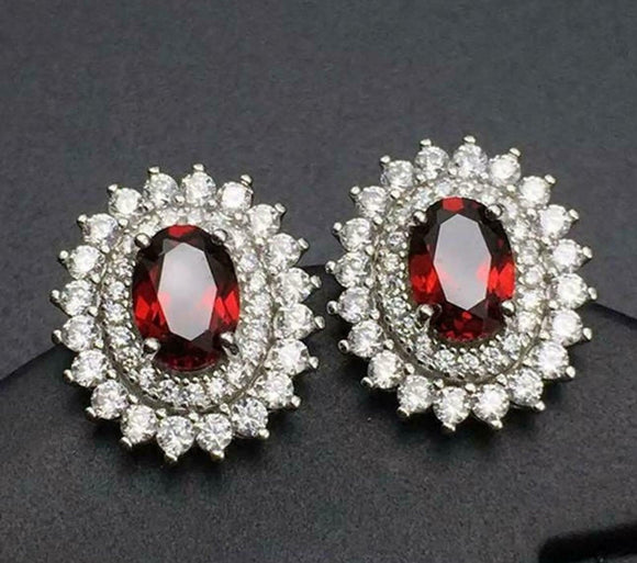 2.7ct Oval Cut Red Garnet Diamond Dual Halo Stud Earrings 14k White Gold Finish