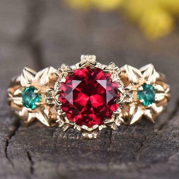 3ct Round Cut Pink Ruby Floral Solitaire with Accent Ring 14k Yellow Gold Finish