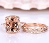 3ct Cushion Cut Peach Morganite Trio Set Engagement Ring 14k Rose Gold Finish