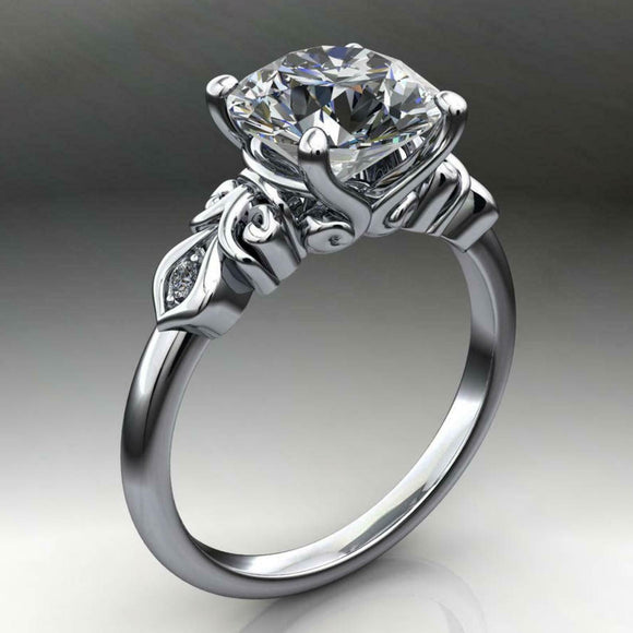 Solitaire Leaf Accent Engagement Ring 2ct Round Cut Diamond 14k WhiteGold Finish