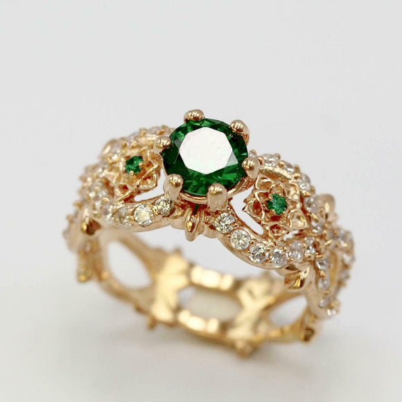 2ct Round Cut Green Emerald Antique Celtic Star Design Ring 14k Yellow Gold Over