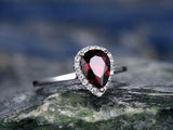 2Ct Pear Cut Red Garnet Diamond Halo Engagement Ring 14K White Gold Finish