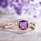 3Ct Round Cut Purple Amethyst Halo Diamond Engagement Ring 14K Rose Gold Finish