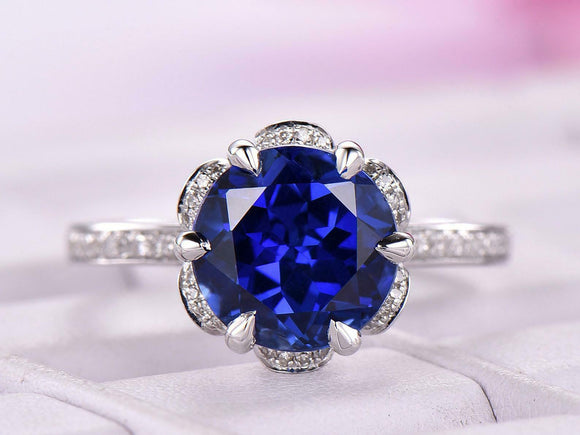 2ct Round Cut Blue Sapphire Engagement Ring Floral Design 14k White Gold Finish