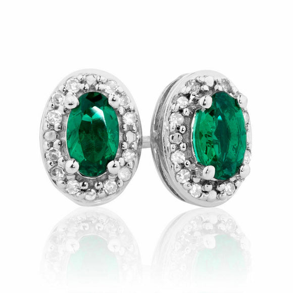 1.2ct Oval Cut Green Emerald Halo Design Stud Earrings 14k White Gold Finish