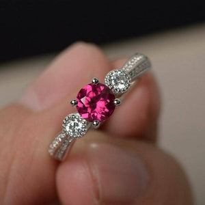 1ct Round Cut Pink Ruby Milgrain Vintage Engagement Ring 14k White Gold Finish