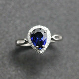 2ct Pear Cut Blue Sapphire Halo Solitaire with Accent Ring 14k White Gold Finish