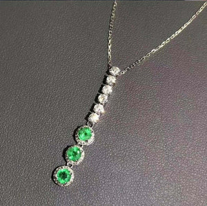 1ct Green Emerald Pendant with Chain Round Cut Vertical Bar 14k White Gold Over