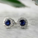 2Ct Round Cut Blue Sapphire Diamond Halo Petite Stud Earring 18K White Gold Over