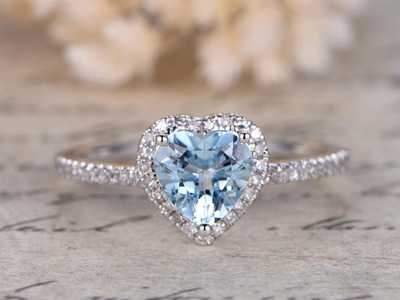 2ct Heart Cut Blue Aquamarine Heart Shaped Diamond Halo Ring 14k White Gold Over