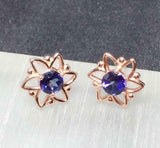 1ct Stud Earrings Round Cut Blue Sapphire Floral Star Design 14k RoseGold Finish