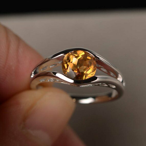 1ct Round Yellow Citrine Split Shank Promise Engagement Ring 14k White Gold Over