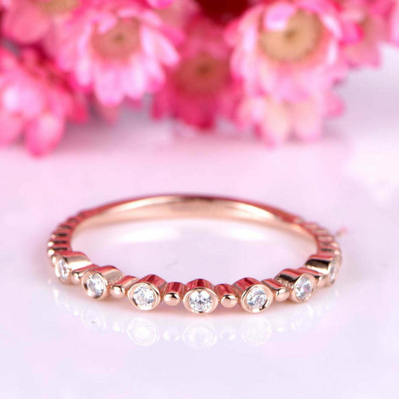 1ct Round Cut Diamond Wedding Band Bezel Set Dainty Petite 14k Rose Gold Finish