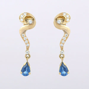 2ct Drop Earrings Pear Cut Blue Tanzanite Dangling Spiral 14k Yellow Gold Finish