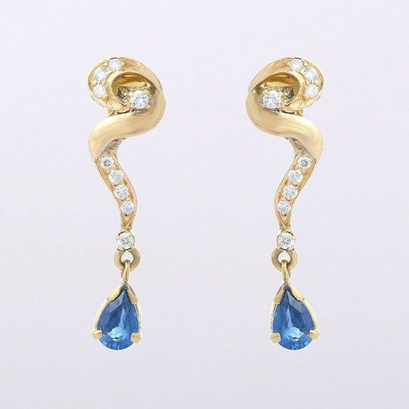 2ct Drop Earrings Pear Cut Blue Tanzanite Dangling Spiral 14k Yellow Gold Finish