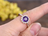 2ct Round Cut Purple Amethyst Engagement Ring Diamond Floral 14k RoseGold Finish