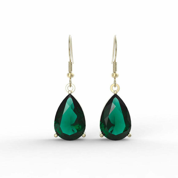 1ct Pear Cut Green Emerald Fish Hook Drop Earrings 14k Yellow Gold Finish