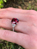 3ct Cushion Cut Red Garnet Diamond Trilogy Ring 14k White Gold Over Heart Accent