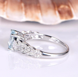 2ct Oval Cut Blue Aquamarine Engagement Ring Leaf Design 14k White Gold Finish