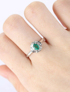 1.2ct Oval Cut Green Emerald Floral Halo Art Deco Ring 14k White Gold Finish