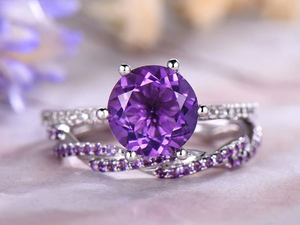 2ct Round Purple Amethyst Engagement Ring Twist Bridal Set 14k White Gold Finish