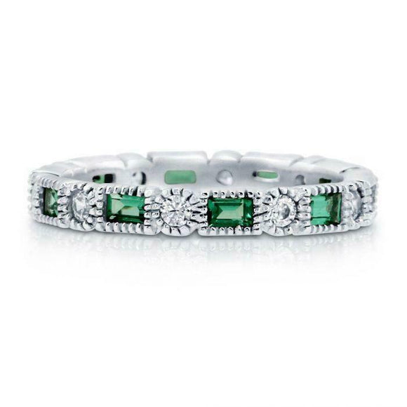 2Ct Baguette Cut Green Emerald Diamond Milgrain Wedding Band 14K White Gold Over