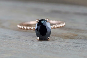 1ct Oval Cut Black Diamond Engagement Ring Beaded Solitaire 14k Rose Gold Finish