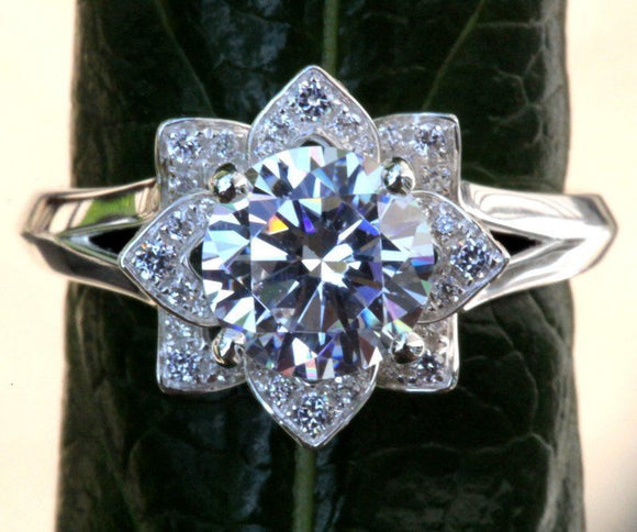 Flower Solitaire Engagement Ring 1.9ct Round Cut Diamond 14k White Gold Finish