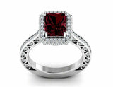 2.5ct Emerald Cut Red Garnet Halo Solitaire with Accent Ring 14k White Gold Over