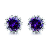 2ct Round Cut Purple Amethyst Crown for Women Stud Earrings 14k WhiteGold Finish