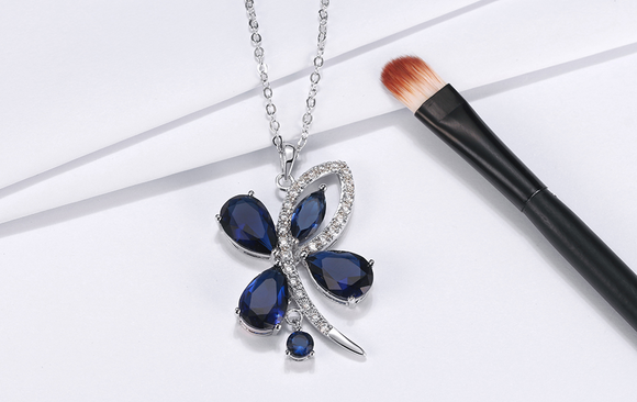 4ct Pear Cut Blue Sapphire Butterfly Pendant with Chain 14k White Gold Finish