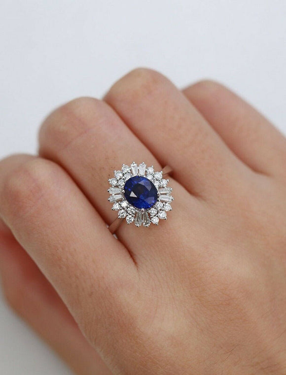 2ct Oval Cut Blue Sapphire Engagement Ring Diamond Ballerina 14k White Gold Over