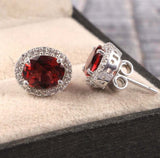 2.4ct Stud Earrings Oval Cut Red Garnet Diamond Halo Women 14k White Gold Finish